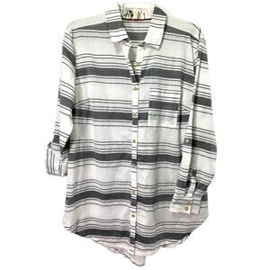 Matilda Jane Top Womens Small Gray‎ White Stripe Button Down Roll Tab Blouse